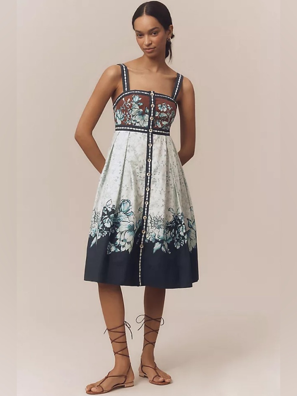 Maeve  Square Neck Button-Front Midi Dress in Navy, Teal, and Brown